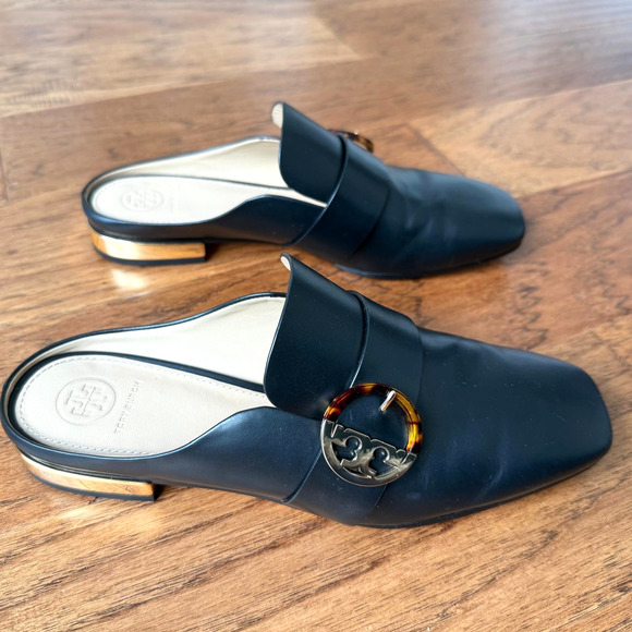 TORY BURCH Sidney Black Backless Loafer Mules Leather/Gold Sz 9.5M $358 - Picture 1 of 12